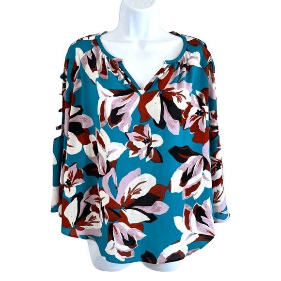 Jennifer Lopez Women's Turquoise Floral Bar Bell‎ Sleeve Peasant Top Sz M - Picture 2 of 9